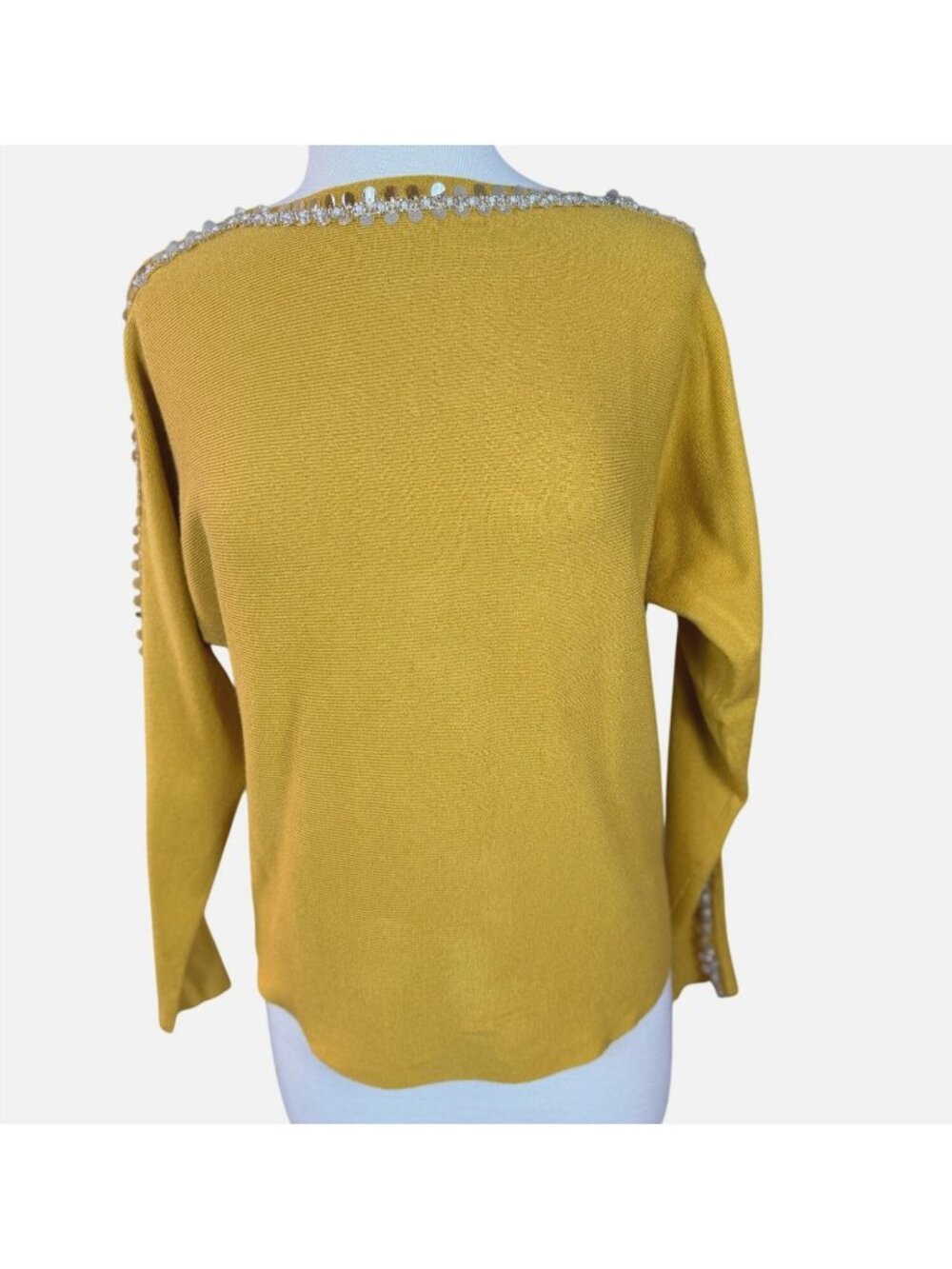 LIV Milano Long Sleeve Boat Neck Harvest Gold Sweater Embellished Details M NWT